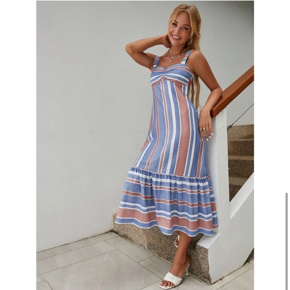 Zara Linen Blend Midi Striped Sundress Ruffle Hem 4th of July Americana Small - Picture 5 of 14